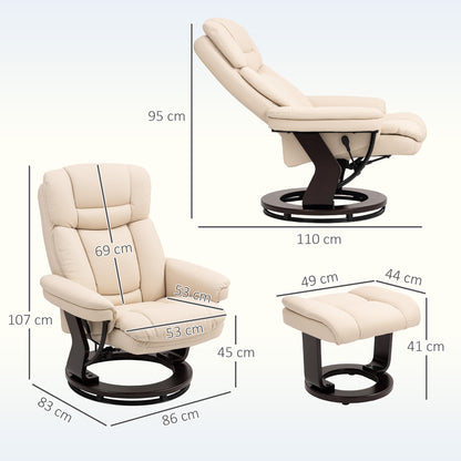 Reclining Chair with Footstool, 360° Swivel TV Chair with Reclining Function, TV Chair with Pocket Spring for Living Room, Faux Leather, Cream White