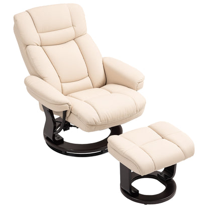 Reclining Chair with Footstool, 360° Swivel TV Chair with Reclining Function, TV Chair with Pocket Spring for Living Room, Faux Leather, Cream White