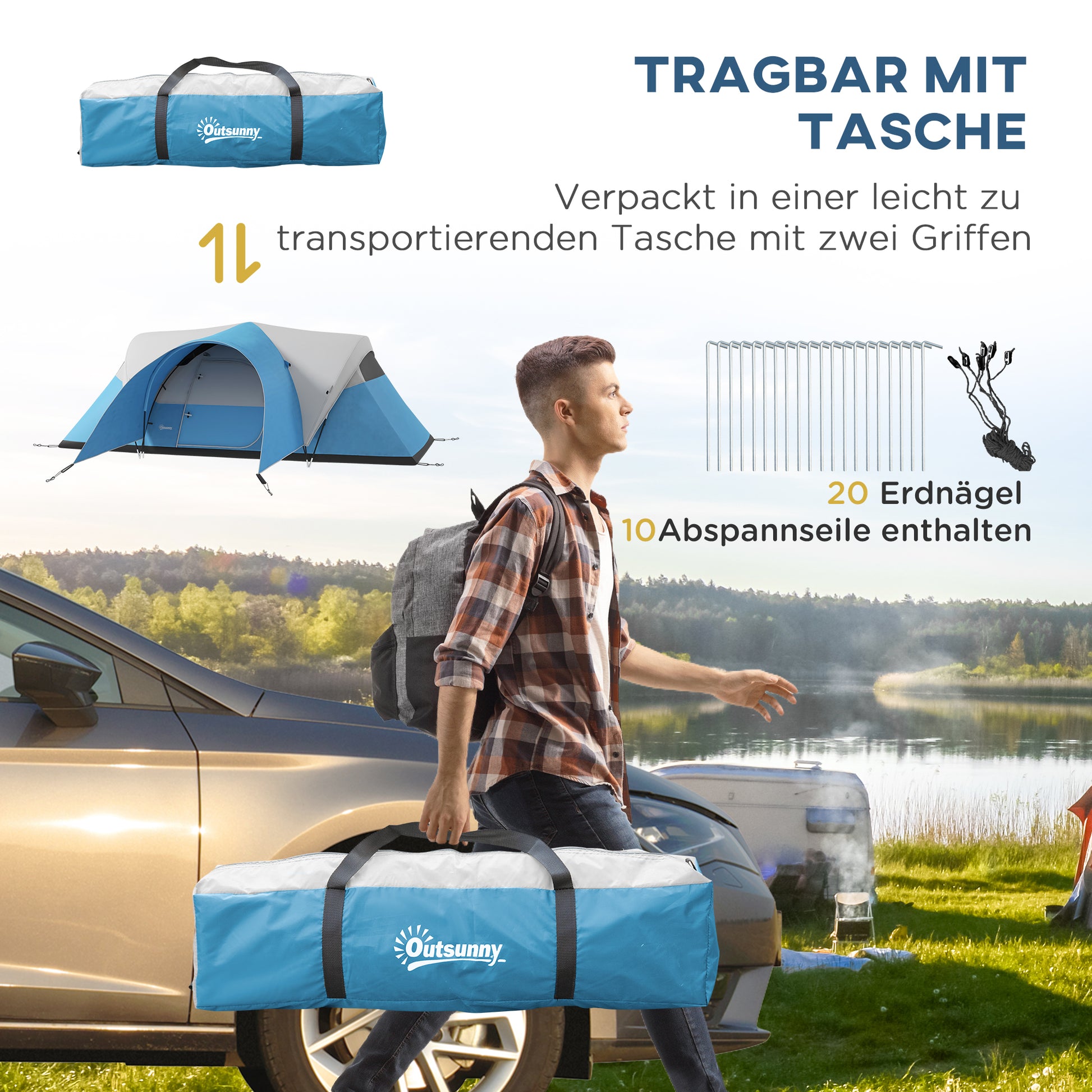 Tunnel Tent, Camping Tent, Water-Resistant Family Tent for 6 People, Festival Tent with Windows, Carry Bag, for Garden, Patio, Blue