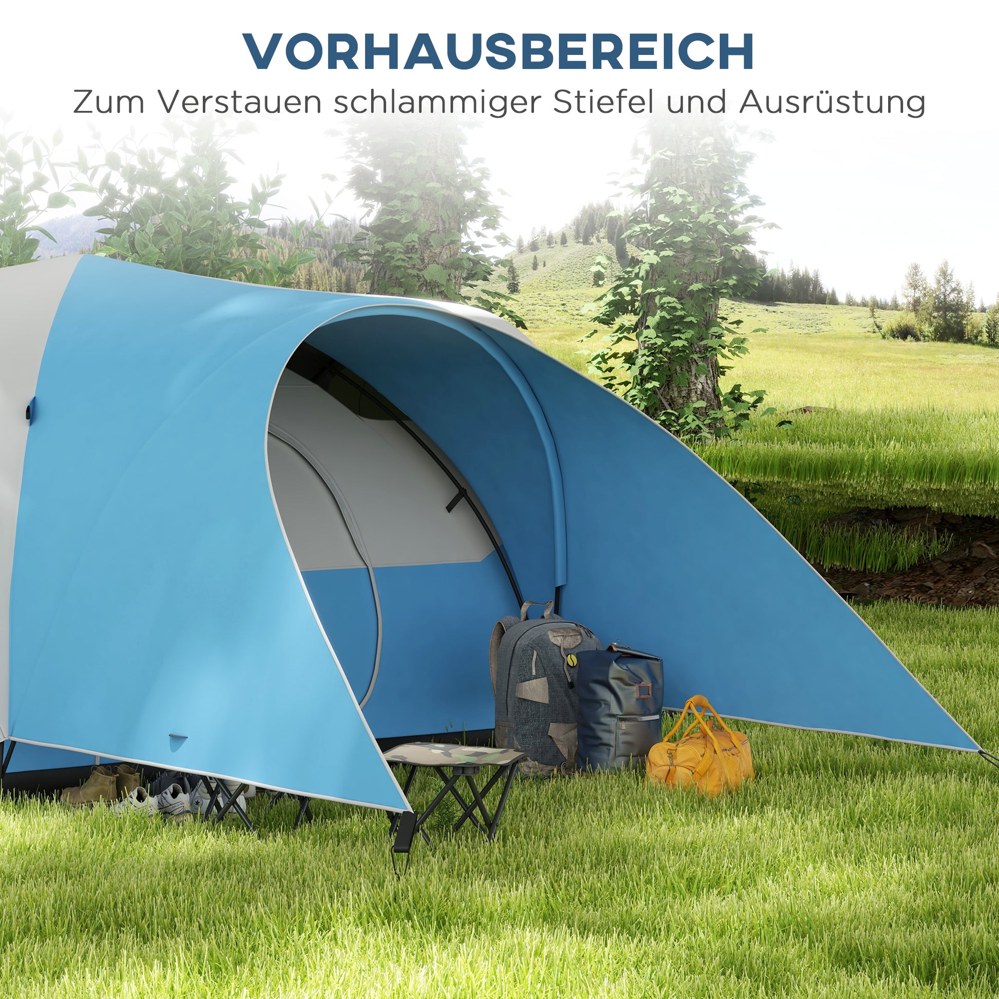 Tunnel Tent, Camping Tent, Water-Resistant Family Tent for 6 People, Festival Tent with Windows, Carry Bag, for Garden, Patio, Blue