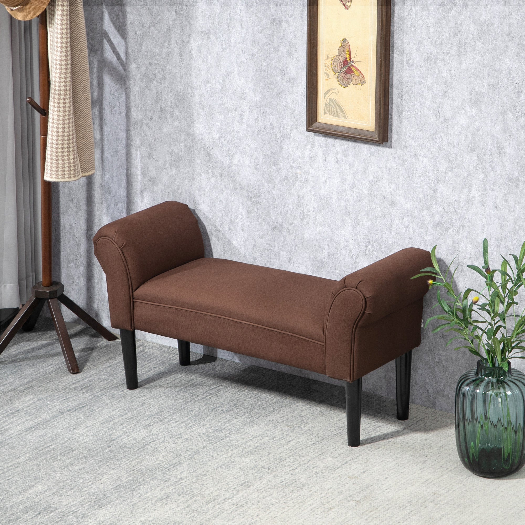 Entry Bench End of Bed Upholstered for Bedroom, Voile Fabric, Brown, 102 x 36 x 51 cm