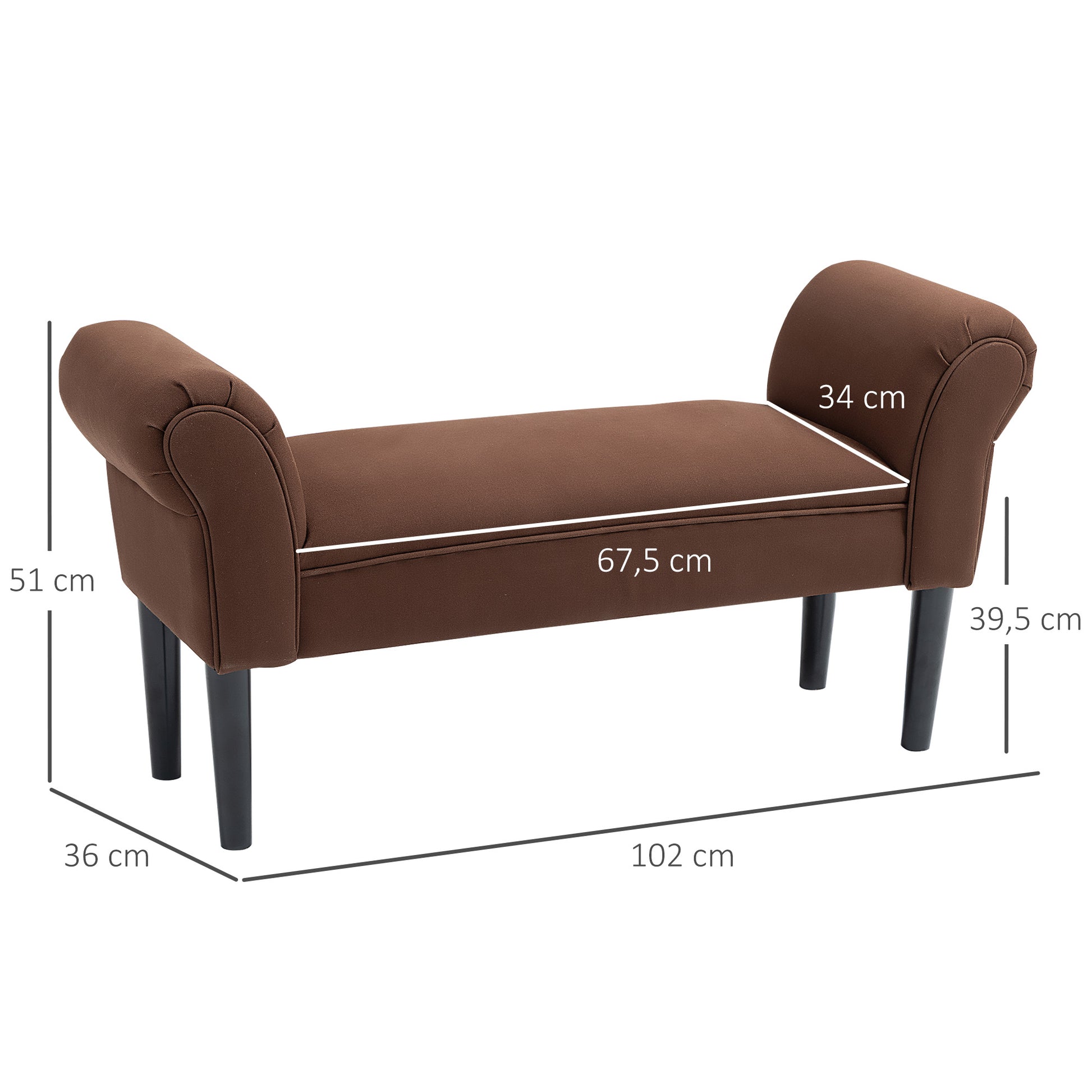 Entry Bench End of Bed Upholstered for Bedroom, Voile Fabric, Brown, 102 x 36 x 51 cm