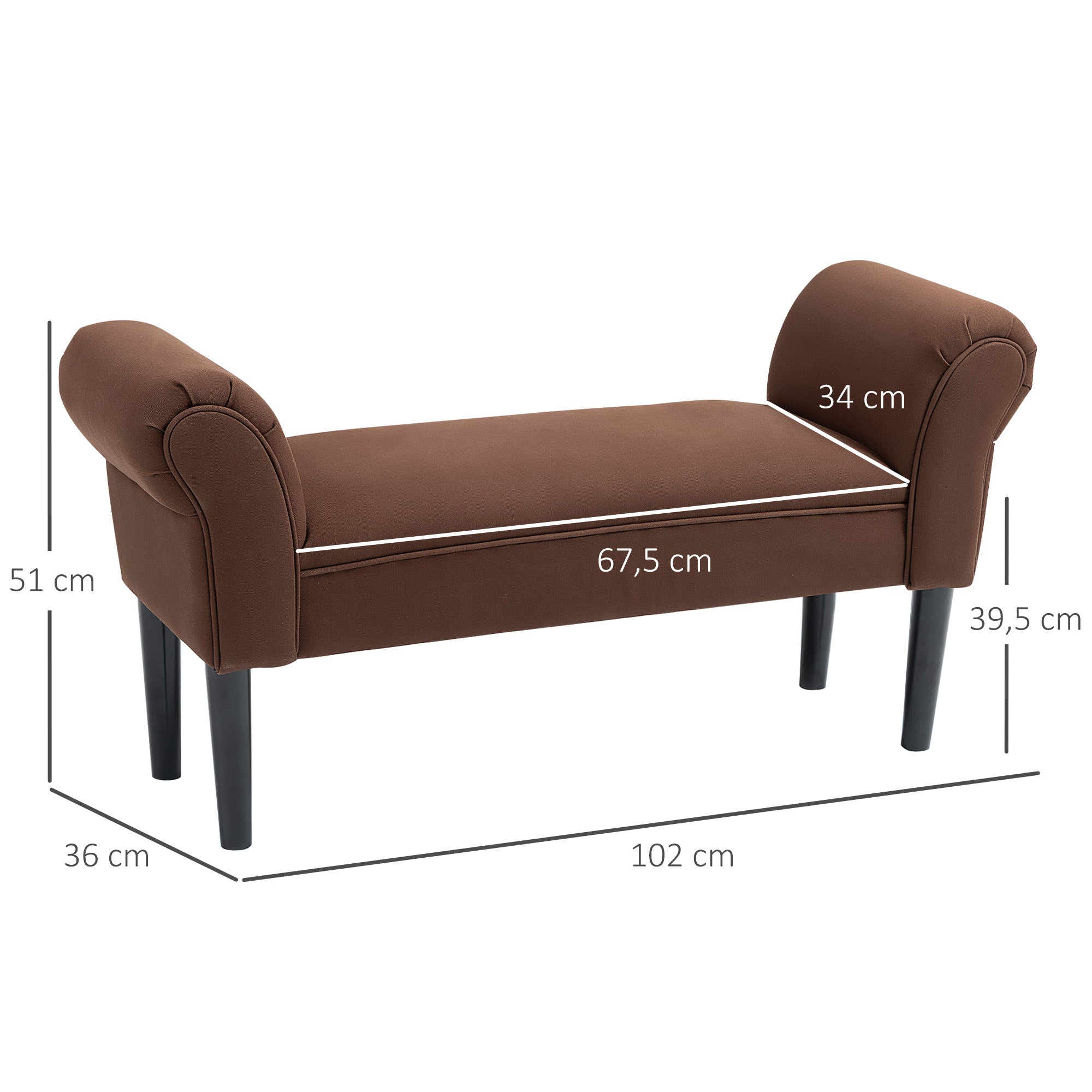 Entry Bench End of Bed Upholstered for Bedroom, Voile Fabric, Brown, 102 x 36 x 51 cm