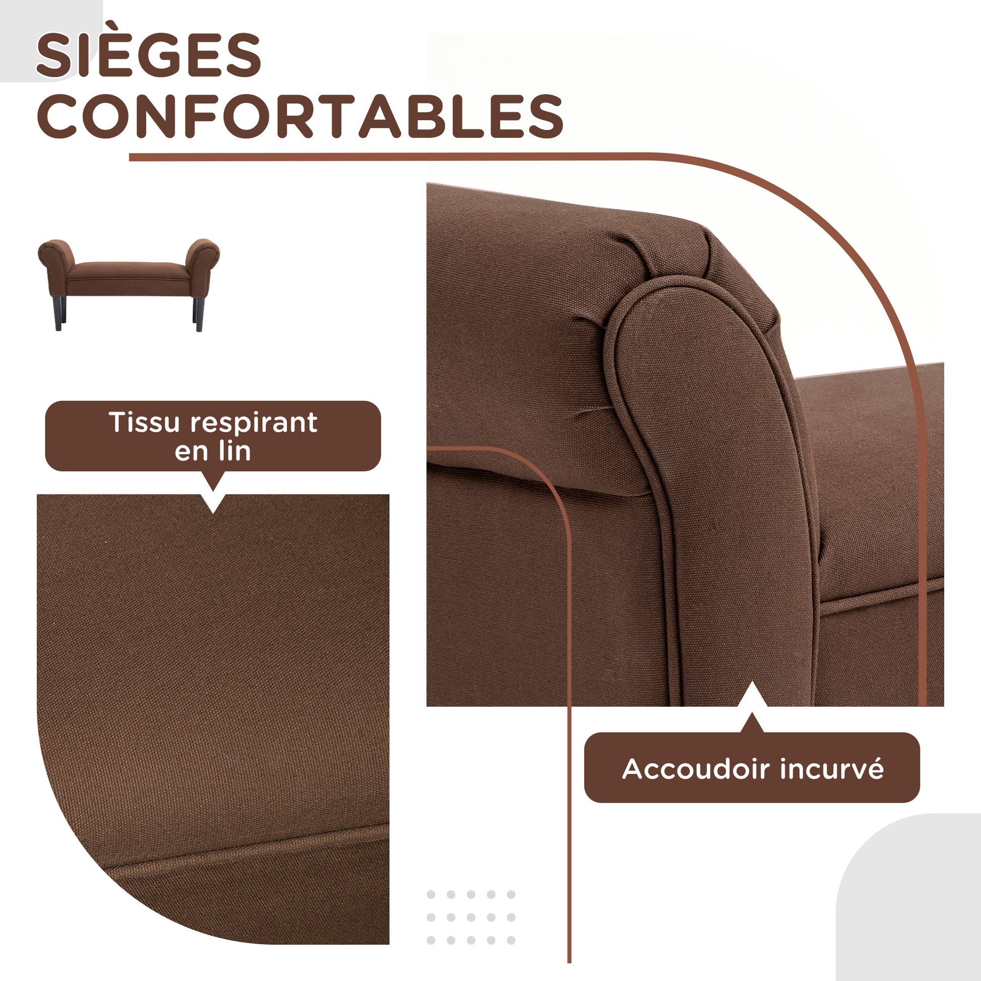 Entry Bench End of Bed Upholstered for Bedroom, Voile Fabric, Brown, 102 x 36 x 51 cm