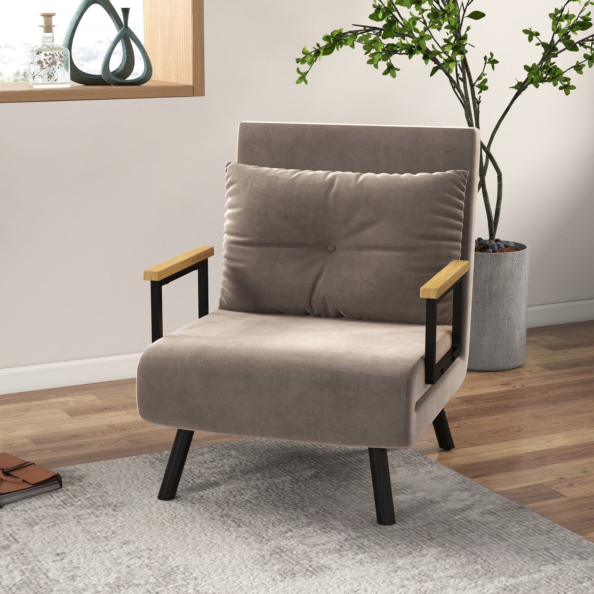Sleeper Sofa, Folding Bed with Bed Function, Recliner Chair with Back Cushion, Cushioned Sofa with Adjustable Backrest, Velvet Look, 63 x 73 x 81 cm, Light Brown