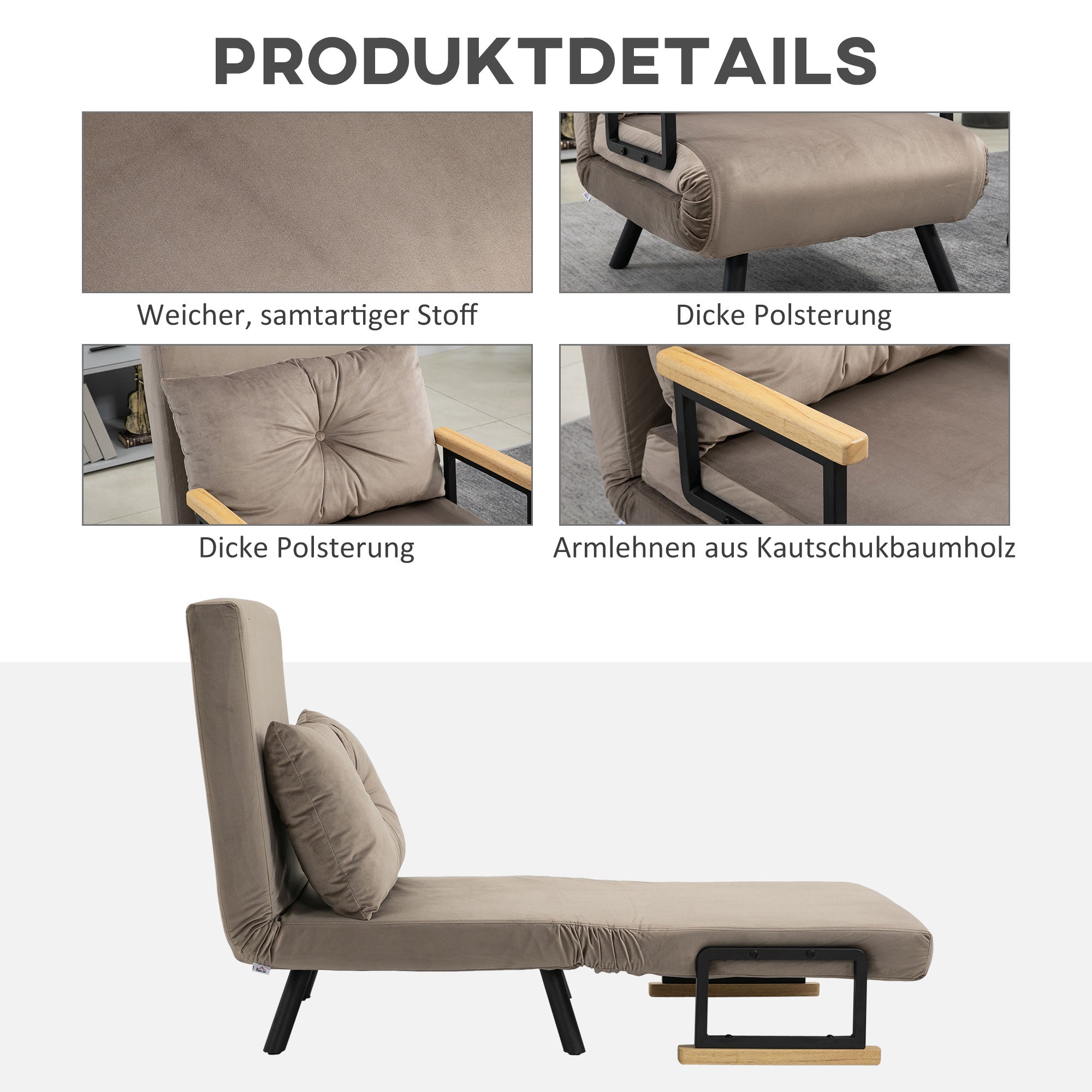 Sleeper Sofa, Folding Bed with Bed Function, Recliner Chair with Back Cushion, Cushioned Sofa with Adjustable Backrest, Velvet Look, 63 x 73 x 81 cm, Light Brown