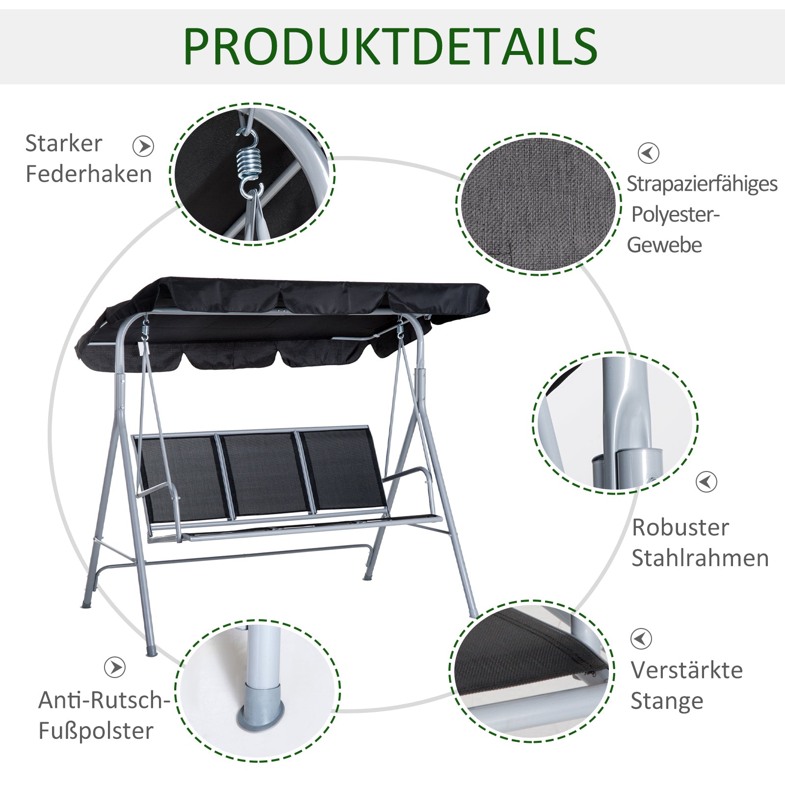 Hollywood Swing with Adjustable Sun Canopy, 3-Seater Garden Swing with Anti-Slip Feet, Swing Bench Loadable up to 240 kg, Garden Lounger for Garden, Terrace, 170x110x153cm, Gray + Black