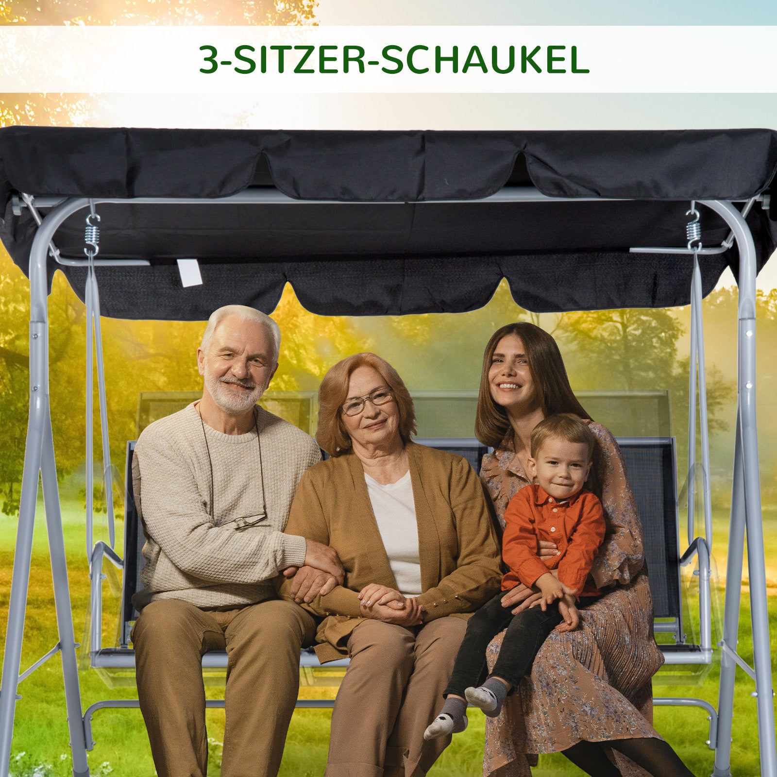 Hollywood Swing with Adjustable Sun Canopy, 3-Seater Garden Swing with Anti-Slip Feet, Swing Bench Loadable up to 240 kg, Garden Lounger for Garden, Terrace, 170x110x153cm, Gray + Black