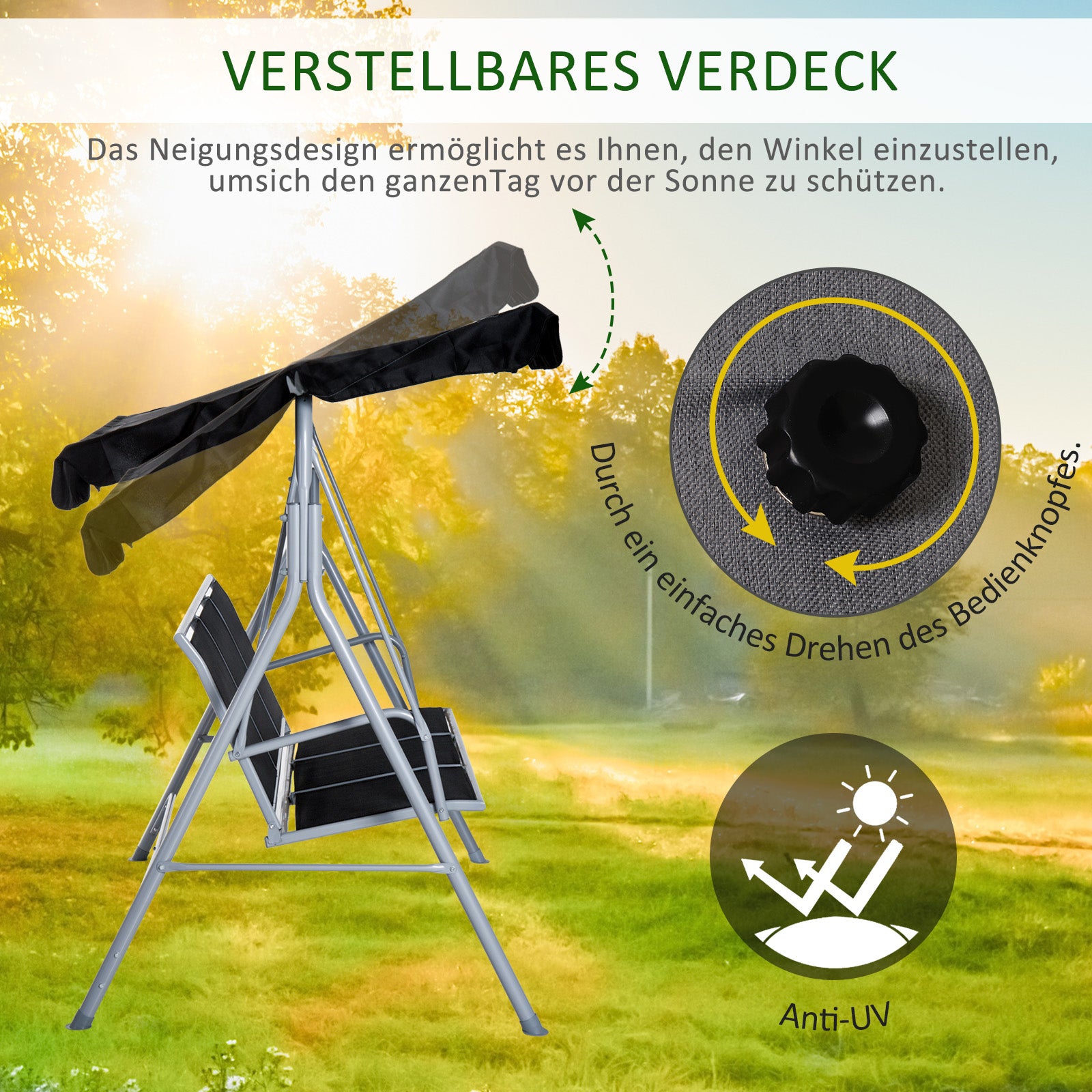 Hollywood Swing with Adjustable Sun Canopy, 3-Seater Garden Swing with Anti-Slip Feet, Swing Bench Loadable up to 240 kg, Garden Lounger for Garden, Terrace, 170x110x153cm, Gray + Black