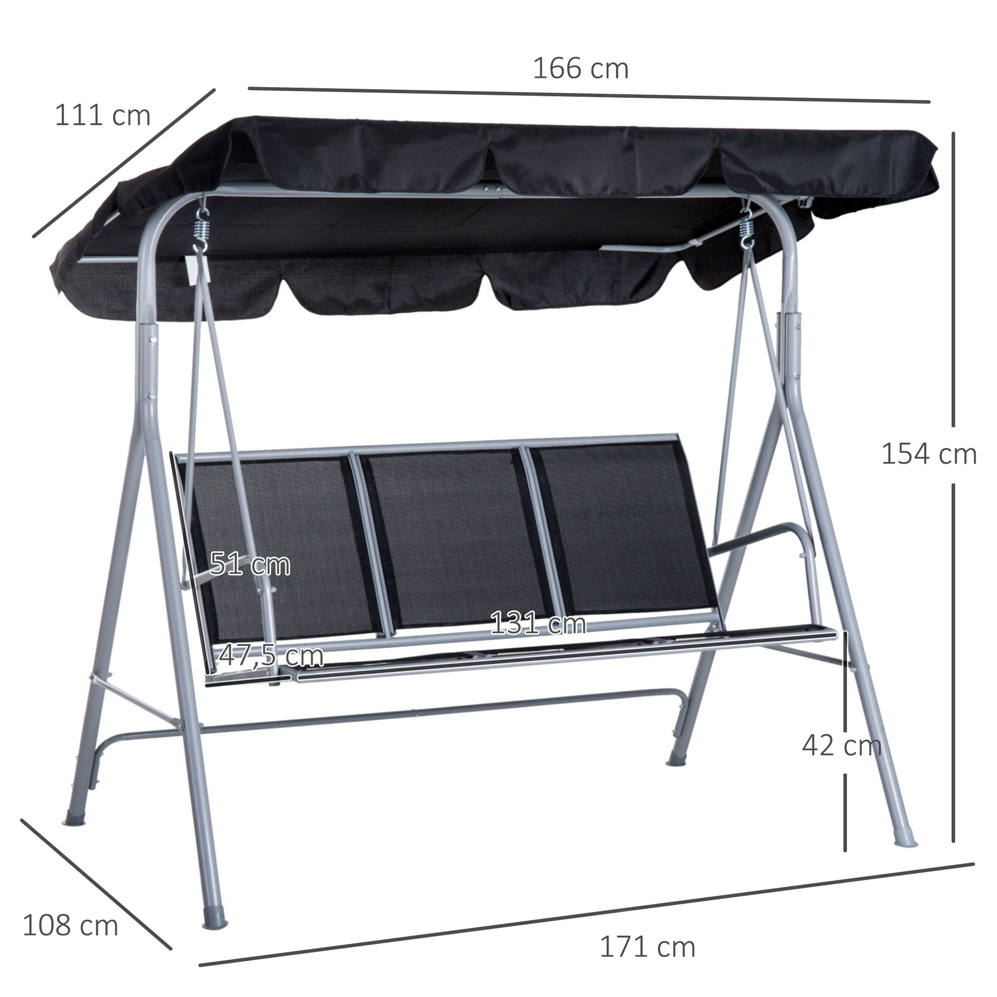 Hollywood Swing with Adjustable Sun Canopy, 3-Seater Garden Swing with Anti-Slip Feet, Swing Bench Loadable up to 240 kg, Garden Lounger for Garden, Terrace, 170x110x153cm, Gray + Black