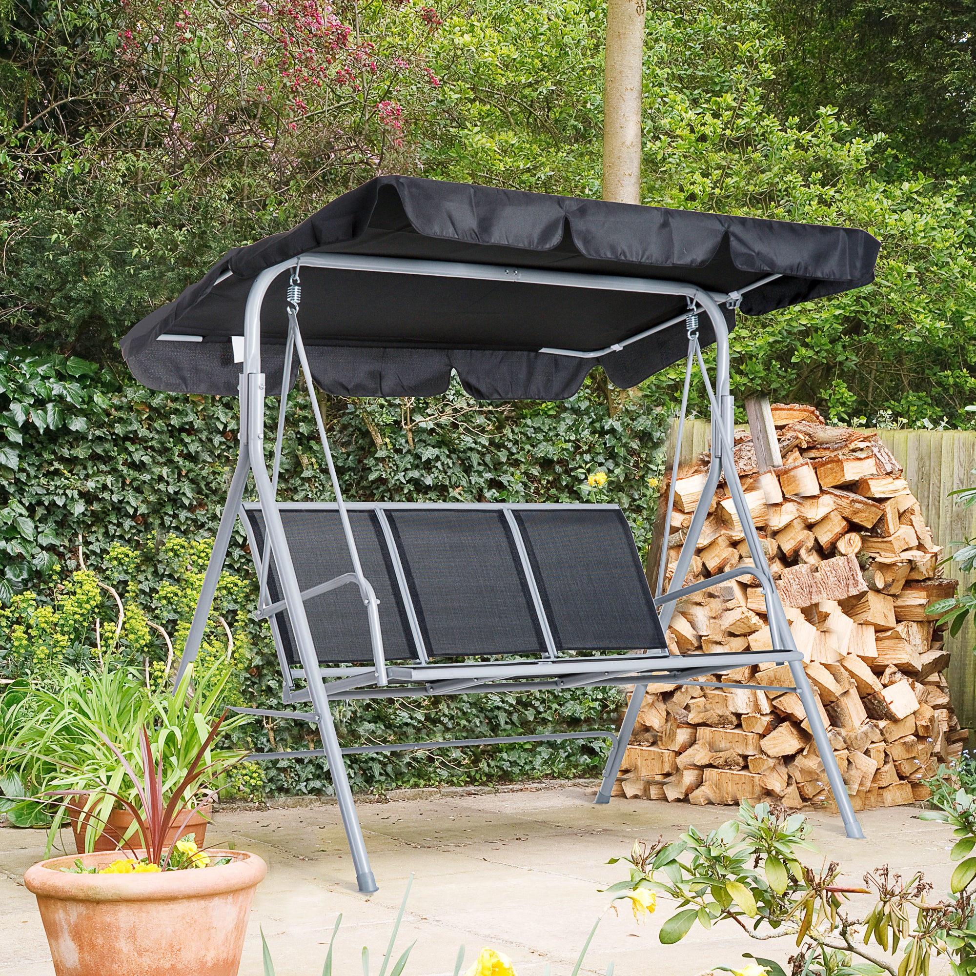 Hollywood Swing with Adjustable Sun Canopy, 3-Seater Garden Swing with Anti-Slip Feet, Swing Bench Loadable up to 240 kg, Garden Lounger for Garden, Terrace, 170x110x153cm, Gray + Black