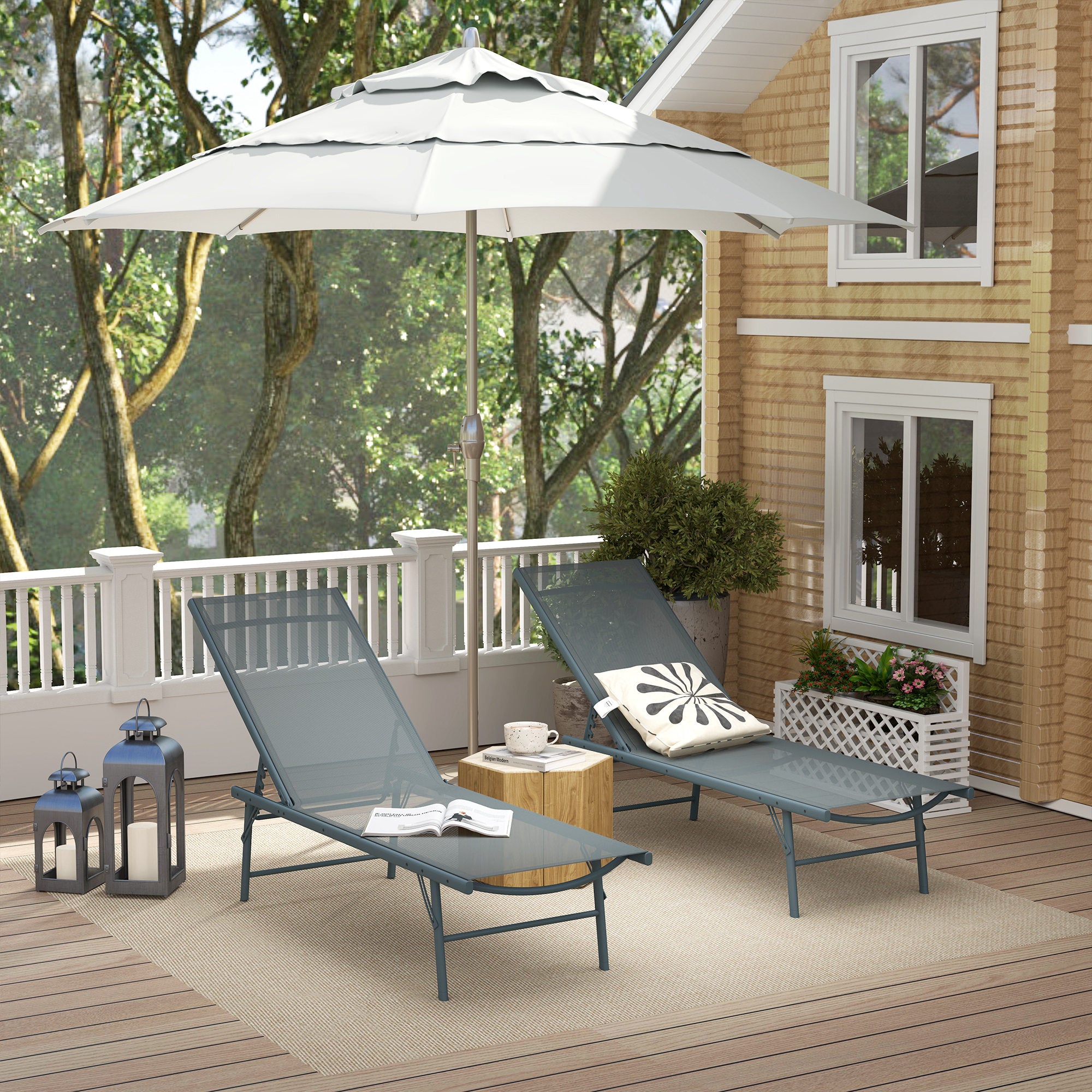 Pack of 2 Garden Lounge Chairs Outdoor Folding Sun Loungers Reclining in 5 Positions with Metal Frame and Breathable Mesh Seat for Beach Pool 164x54x84 cm Light Gray