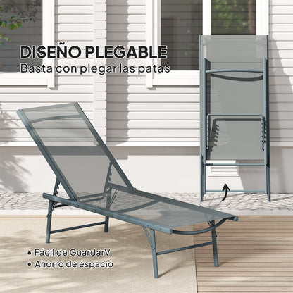 Pack of 2 Garden Lounge Chairs Outdoor Folding Sun Loungers Reclining in 5 Positions with Metal Frame and Breathable Mesh Seat for Beach Pool 164x54x84 cm Light Gray