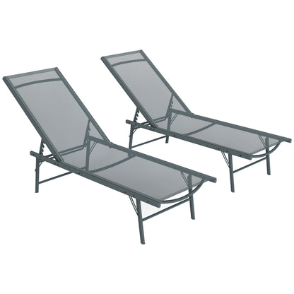Pack of 2 Garden Lounge Chairs Outdoor Folding Sun Loungers Reclining in 5 Positions with Metal Frame and Breathable Mesh Seat for Beach Pool 164x54x84 cm Light Gray