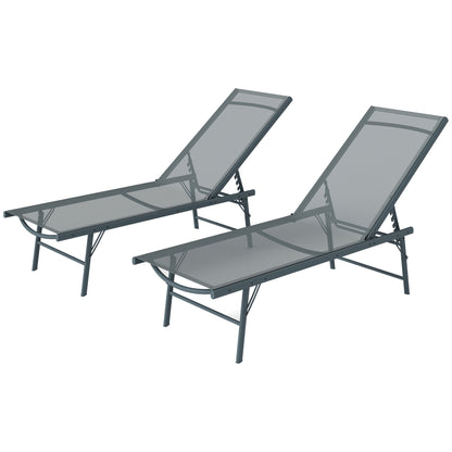 Pack of 2 Garden Lounge Chairs Outdoor Folding Sun Loungers Reclining in 5 Positions with Metal Frame and Breathable Mesh Seat for Beach Pool 164x54x84 cm Light Gray