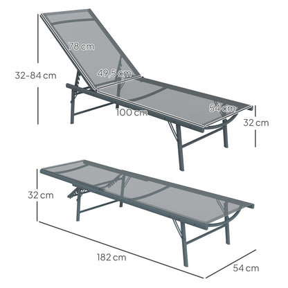 Pack of 2 Garden Lounge Chairs Outdoor Folding Sun Loungers Reclining in 5 Positions with Metal Frame and Breathable Mesh Seat for Beach Pool 164x54x84 cm Light Gray