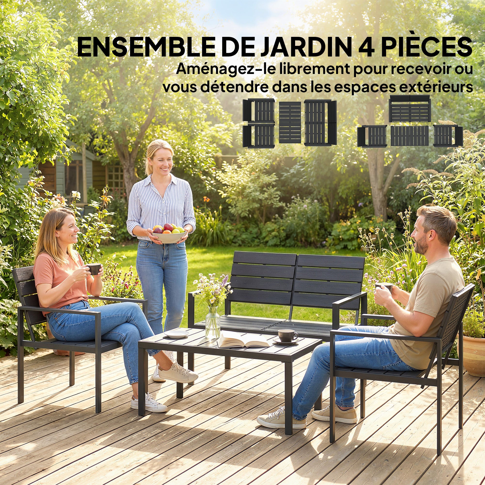 4-Piece Outdoor Garden Sofa Set with 2-Seat Loveseat, 2 Chairs & Coffee Table, Black