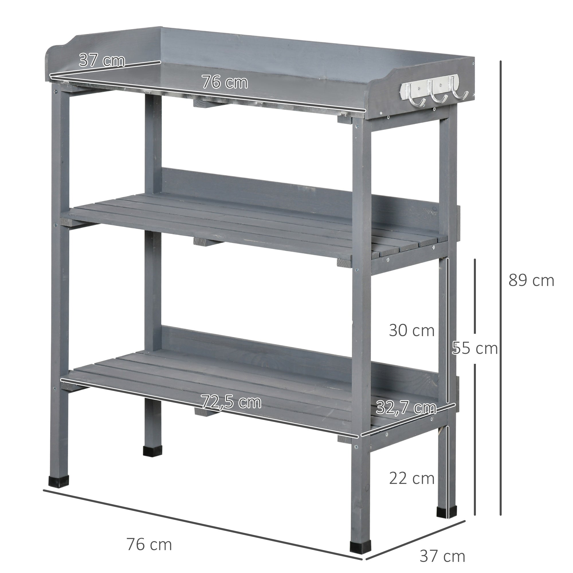 Planting Table Gardening Table Flower Table with Metal Work Surface Garden Wood Gray 76 x 37 x 89 cm