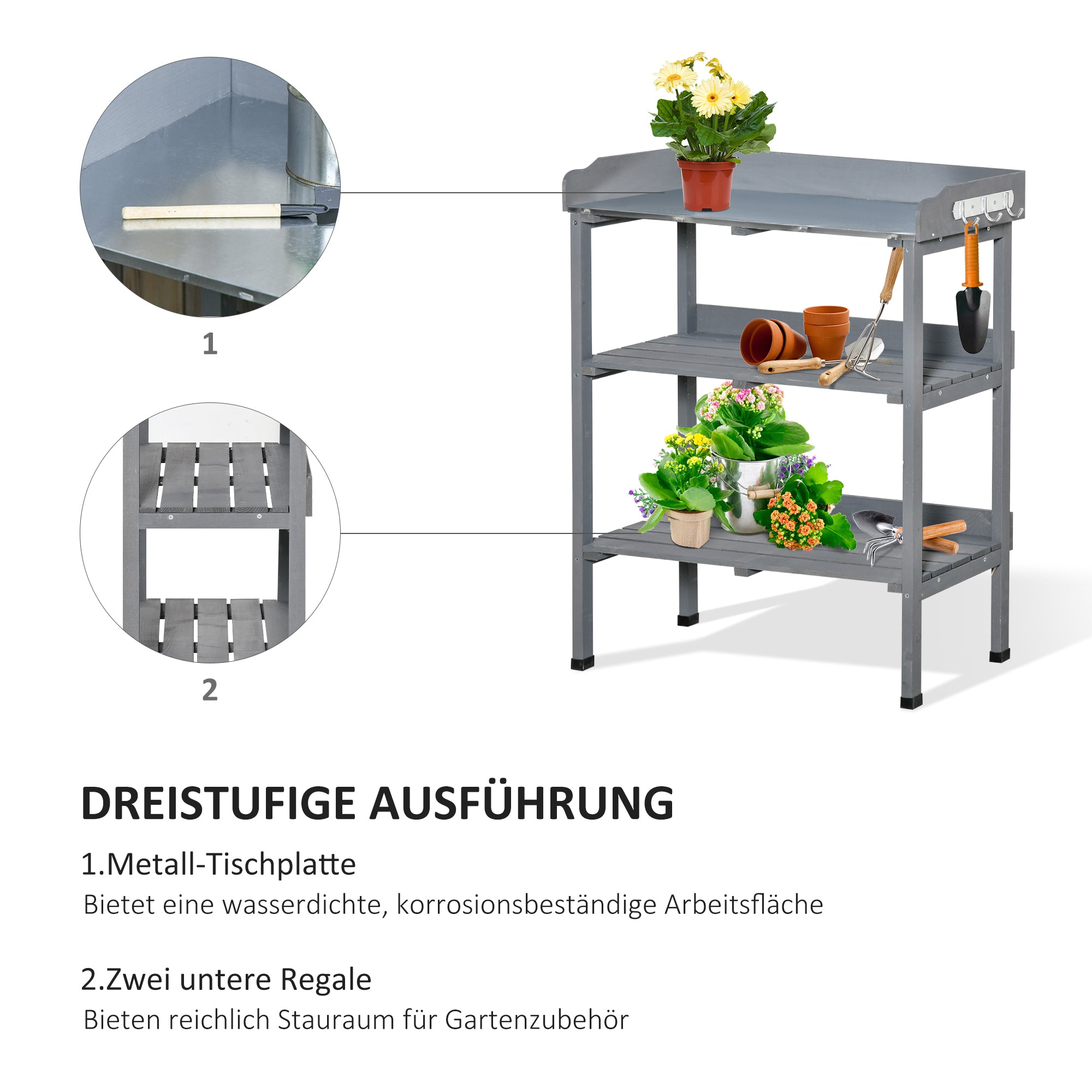 Planting Table Gardening Table Flower Table with Metal Work Surface Garden Wood Gray 76 x 37 x 89 cm
