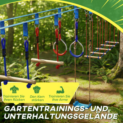 Kids Ninja Line 24 m Slackline Set with Gym Rings, 7 Obstacles, Climbing Bar & Balance Bridge — Obstacle Course for Ages 3–6 (Red/Blue)