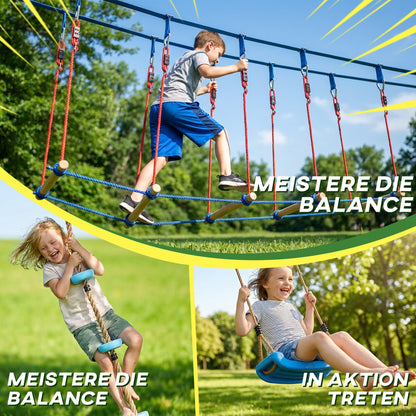 Kids Ninja Line 24 m Slackline Set with Gym Rings, 7 Obstacles, Climbing Bar & Balance Bridge — Obstacle Course for Ages 3–6 (Red/Blue)