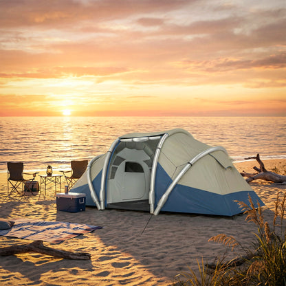 Inflatable 4-Person Tent — Fast Setup Outdoor Camping Tent with Air Pump, 2 Bedrooms, Mesh Windows, Fluorescent Pegs, Front Awning, Waterproof Oxford Fabric