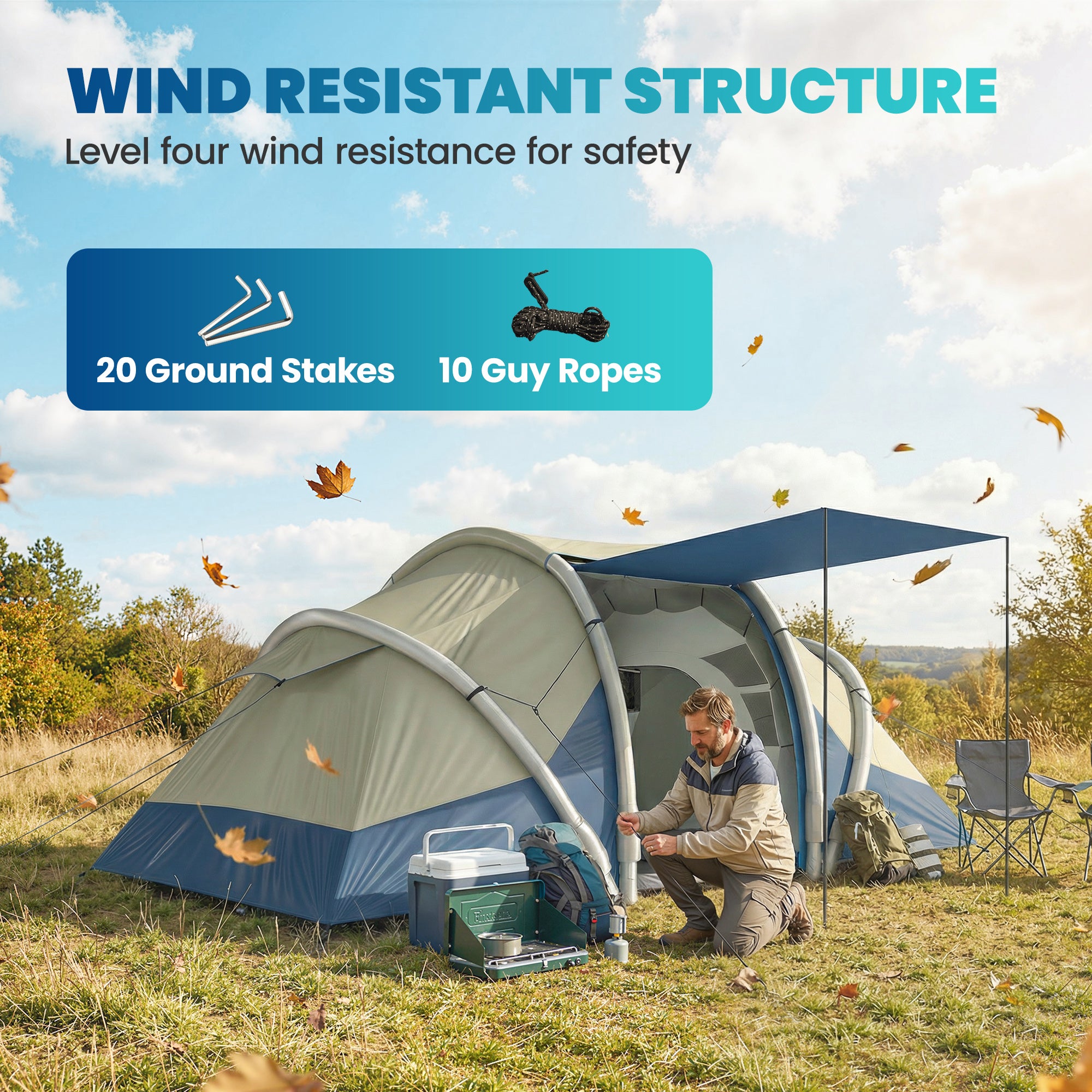 Inflatable 4-Person Tent — Fast Setup Outdoor Camping Tent with Air Pump, 2 Bedrooms, Mesh Windows, Fluorescent Pegs, Front Awning, Waterproof Oxford Fabric