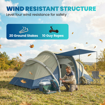 Inflatable 4-Person Tent — Fast Setup Outdoor Camping Tent with Air Pump, 2 Bedrooms, Mesh Windows, Fluorescent Pegs, Front Awning, Waterproof Oxford Fabric