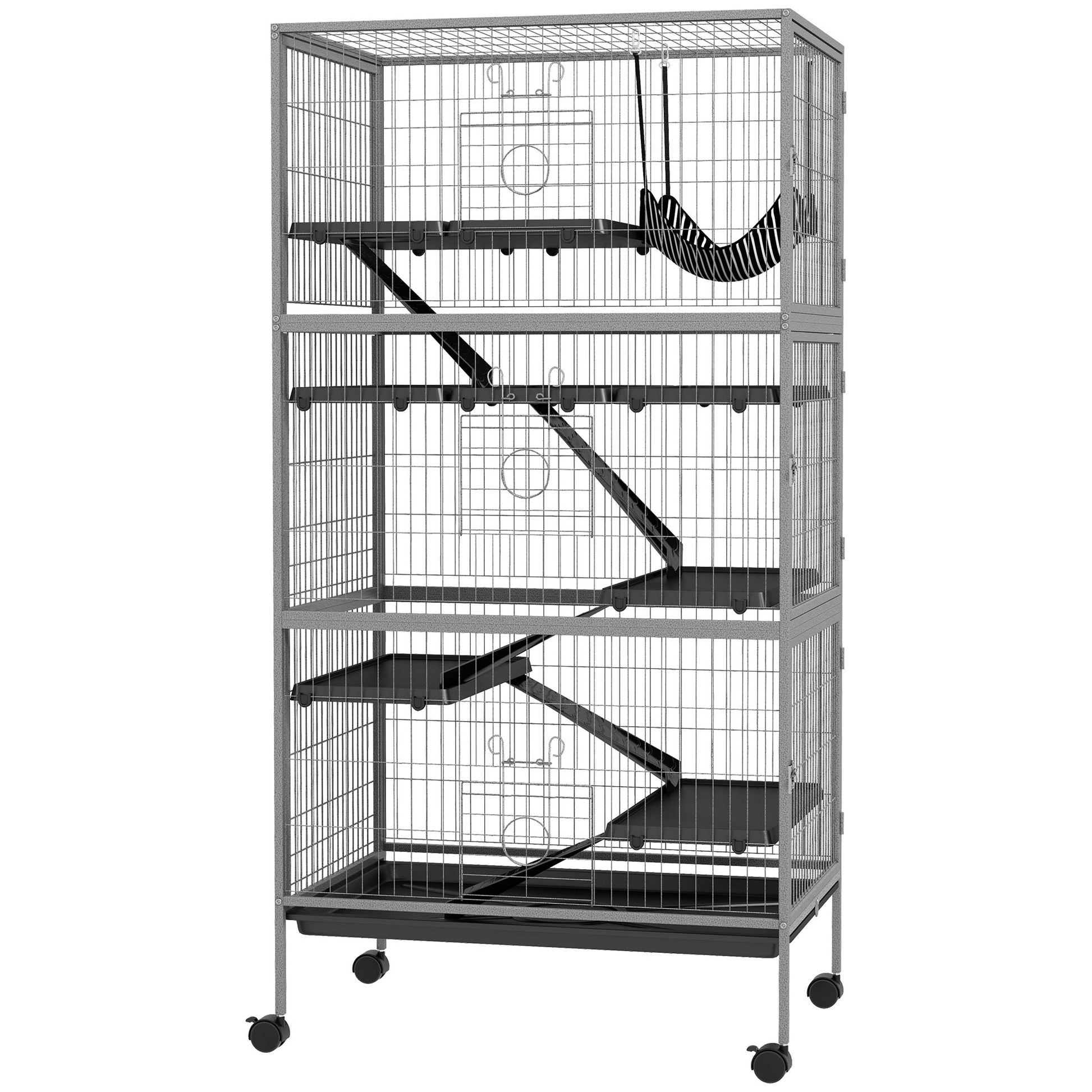 Multifunctional Rodent Cage 4 Platforms 3 Ramps 4 Doors dim. 80L x 52W x 159H cm Grey Silver Black Steel