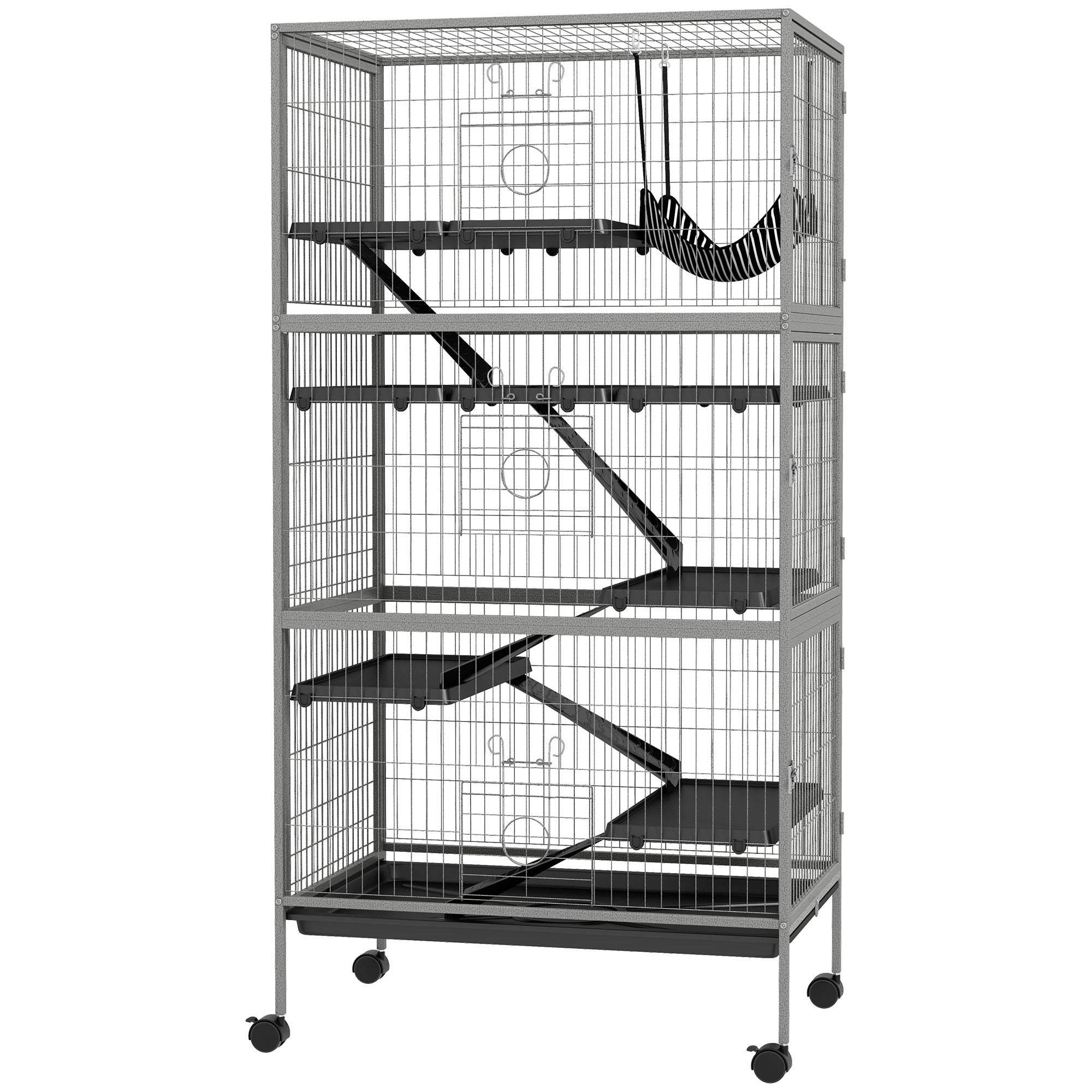 Multifunctional Rodent Cage 4 Platforms 3 Ramps 4 Doors dim. 80L x 52W x 159H cm Grey Silver Black Steel