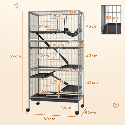 Multifunctional Rodent Cage 4 Platforms 3 Ramps 4 Doors dim. 80L x 52W x 159H cm Grey Silver Black Steel