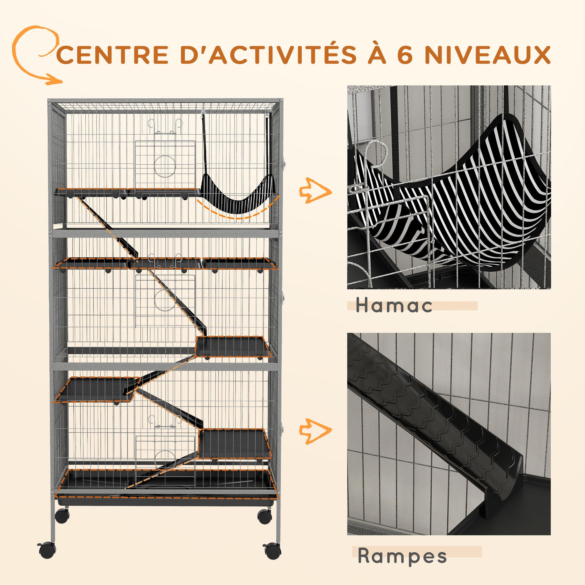 Multifunctional Rodent Cage 4 Platforms 3 Ramps 4 Doors dim. 80L x 52W x 159H cm Grey Silver Black Steel