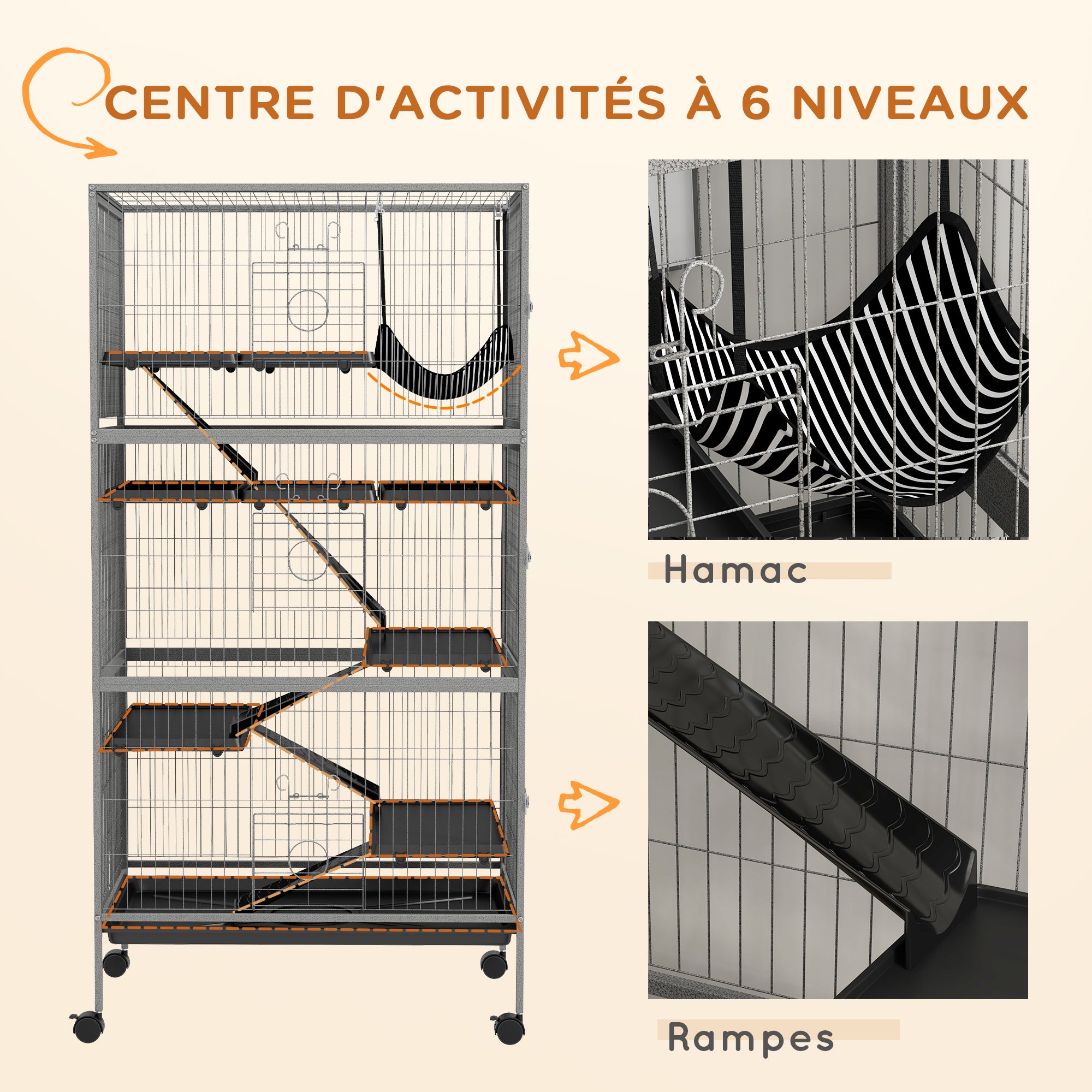 Multifunctional Rodent Cage 4 Platforms 3 Ramps 4 Doors dim. 80L x 52W x 159H cm Grey Silver Black Steel