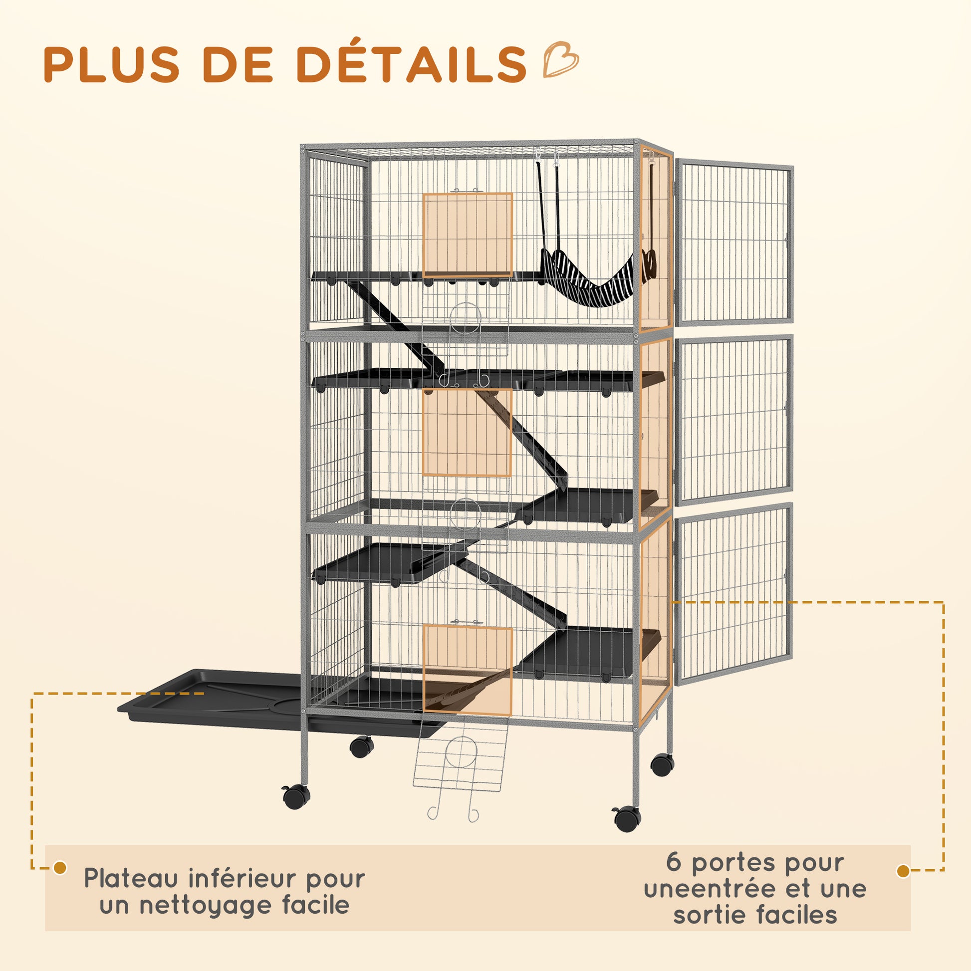 Multifunctional Rodent Cage 4 Platforms 3 Ramps 4 Doors dim. 80L x 52W x 159H cm Grey Silver Black Steel