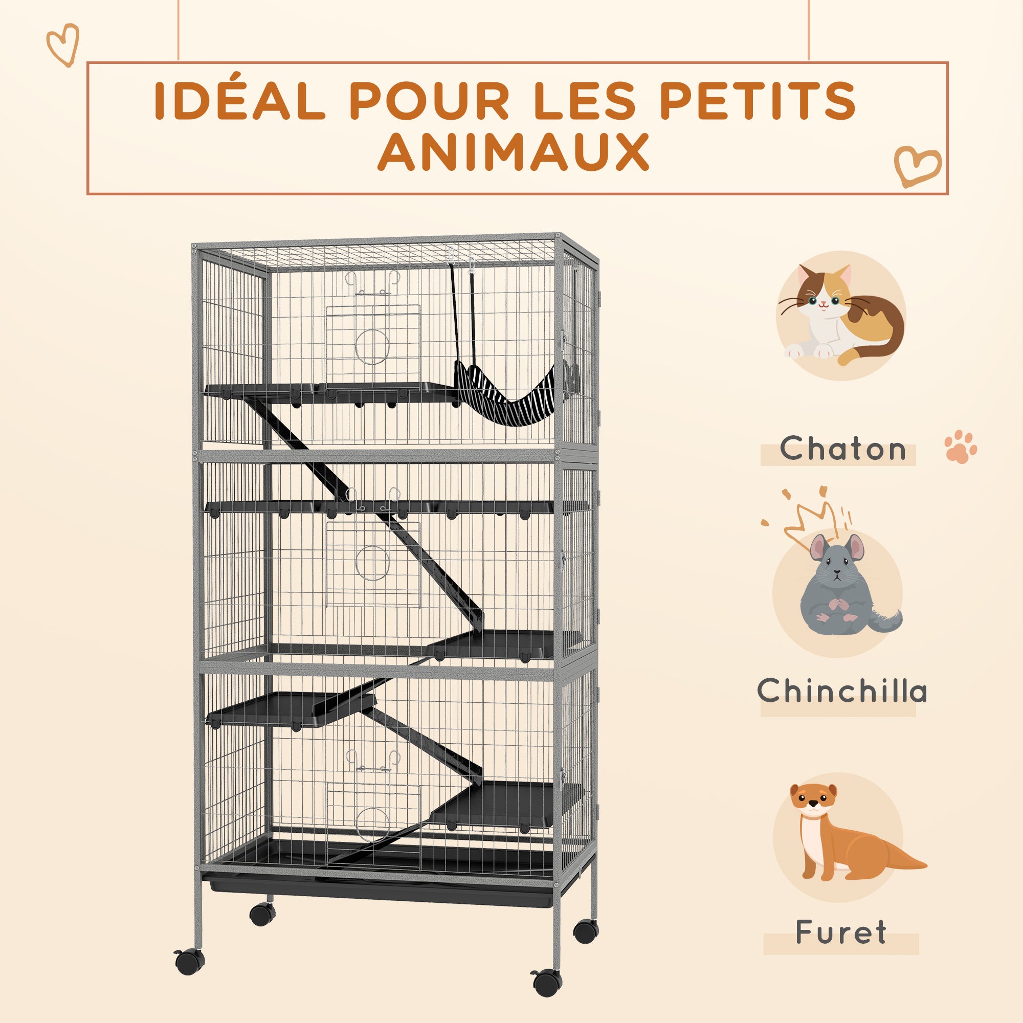 Multifunctional Rodent Cage 4 Platforms 3 Ramps 4 Doors dim. 80L x 52W x 159H cm Grey Silver Black Steel