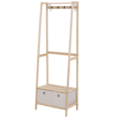 Wooden Coat Rack with Shoe Rack, 2 Shelves Standing Coat Rack with 2 Fabric Drawers, 4 Hooks, and Hanging Bar for Clothes Bags for Entryway Living Room 58x36x168 cm Natural