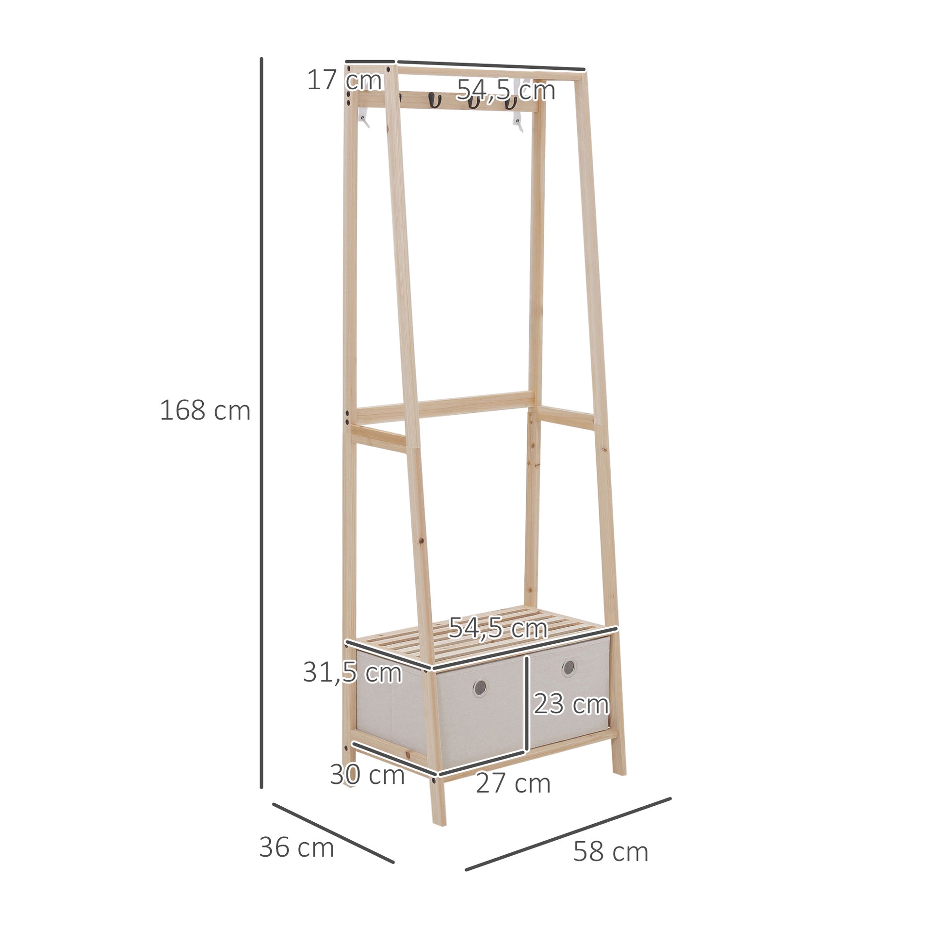 Wooden Coat Rack with Shoe Rack, 2 Shelves Standing Coat Rack with 2 Fabric Drawers, 4 Hooks, and Hanging Bar for Clothes Bags for Entryway Living Room 58x36x168 cm Natural