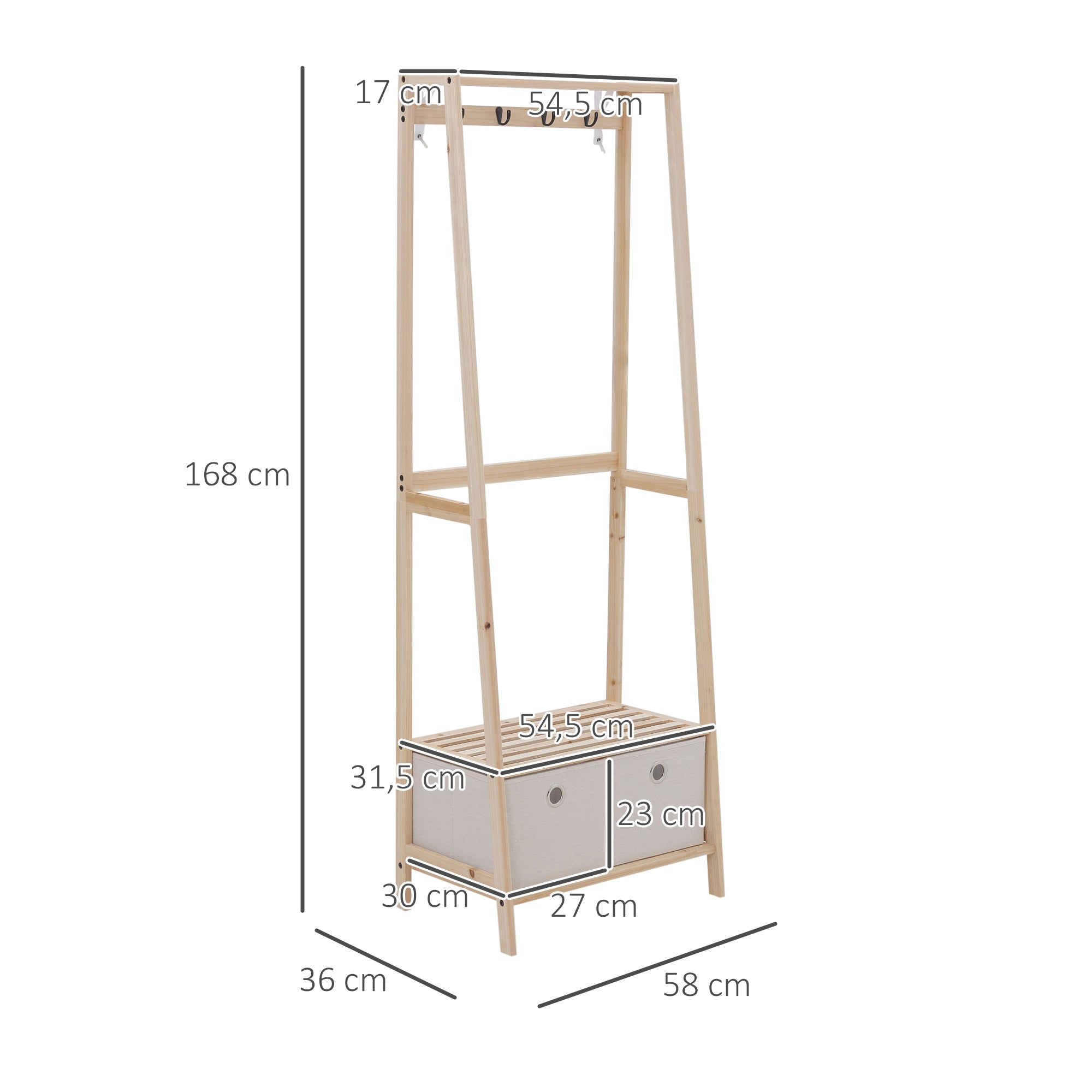 Wooden Coat Rack with Shoe Rack, 2 Shelves Standing Coat Rack with 2 Fabric Drawers, 4 Hooks, and Hanging Bar for Clothes Bags for Entryway Living Room 58x36x168 cm Natural