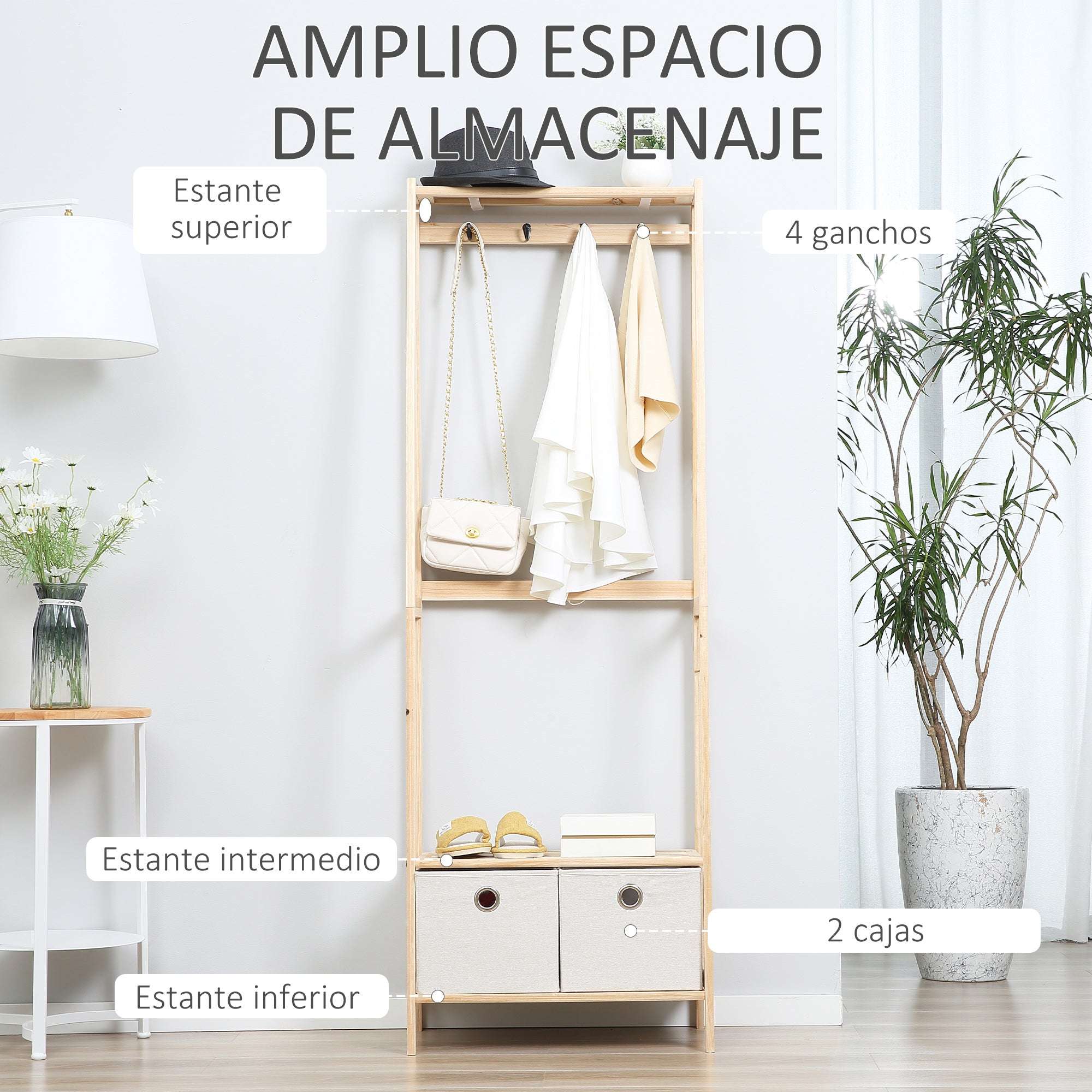 Wooden Coat Rack with Shoe Rack, 2 Shelves Standing Coat Rack with 2 Fabric Drawers, 4 Hooks, and Hanging Bar for Clothes Bags for Entryway Living Room 58x36x168 cm Natural