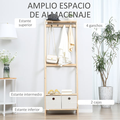 Wooden Coat Rack with Shoe Rack, 2 Shelves Standing Coat Rack with 2 Fabric Drawers, 4 Hooks, and Hanging Bar for Clothes Bags for Entryway Living Room 58x36x168 cm Natural