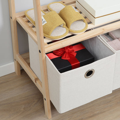 Wooden Coat Rack with Shoe Rack, 2 Shelves Standing Coat Rack with 2 Fabric Drawers, 4 Hooks, and Hanging Bar for Clothes Bags for Entryway Living Room 58x36x168 cm Natural