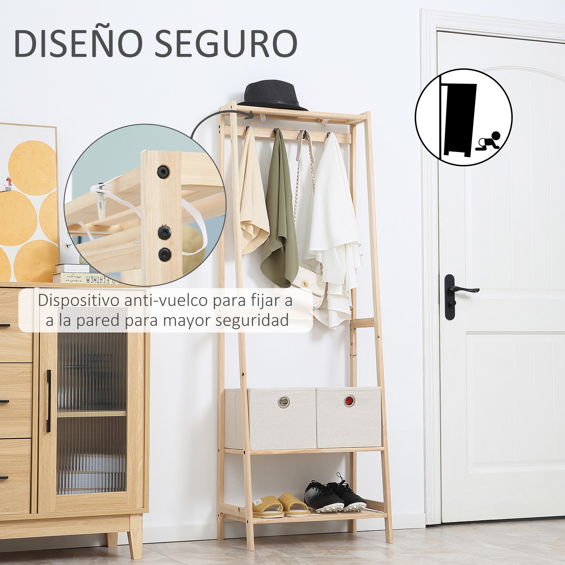 Wooden Coat Rack with Shoe Rack, 2 Shelves Standing Coat Rack with 2 Fabric Drawers, 4 Hooks, and Hanging Bar for Clothes Bags for Entryway Living Room 58x36x168 cm Natural