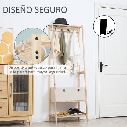 Wooden Coat Rack with Shoe Rack, 2 Shelves Standing Coat Rack with 2 Fabric Drawers, 4 Hooks, and Hanging Bar for Clothes Bags for Entryway Living Room 58x36x168 cm Natural