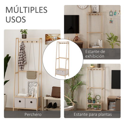 Wooden Coat Rack with Shoe Rack, 2 Shelves Standing Coat Rack with 2 Fabric Drawers, 4 Hooks, and Hanging Bar for Clothes Bags for Entryway Living Room 58x36x168 cm Natural