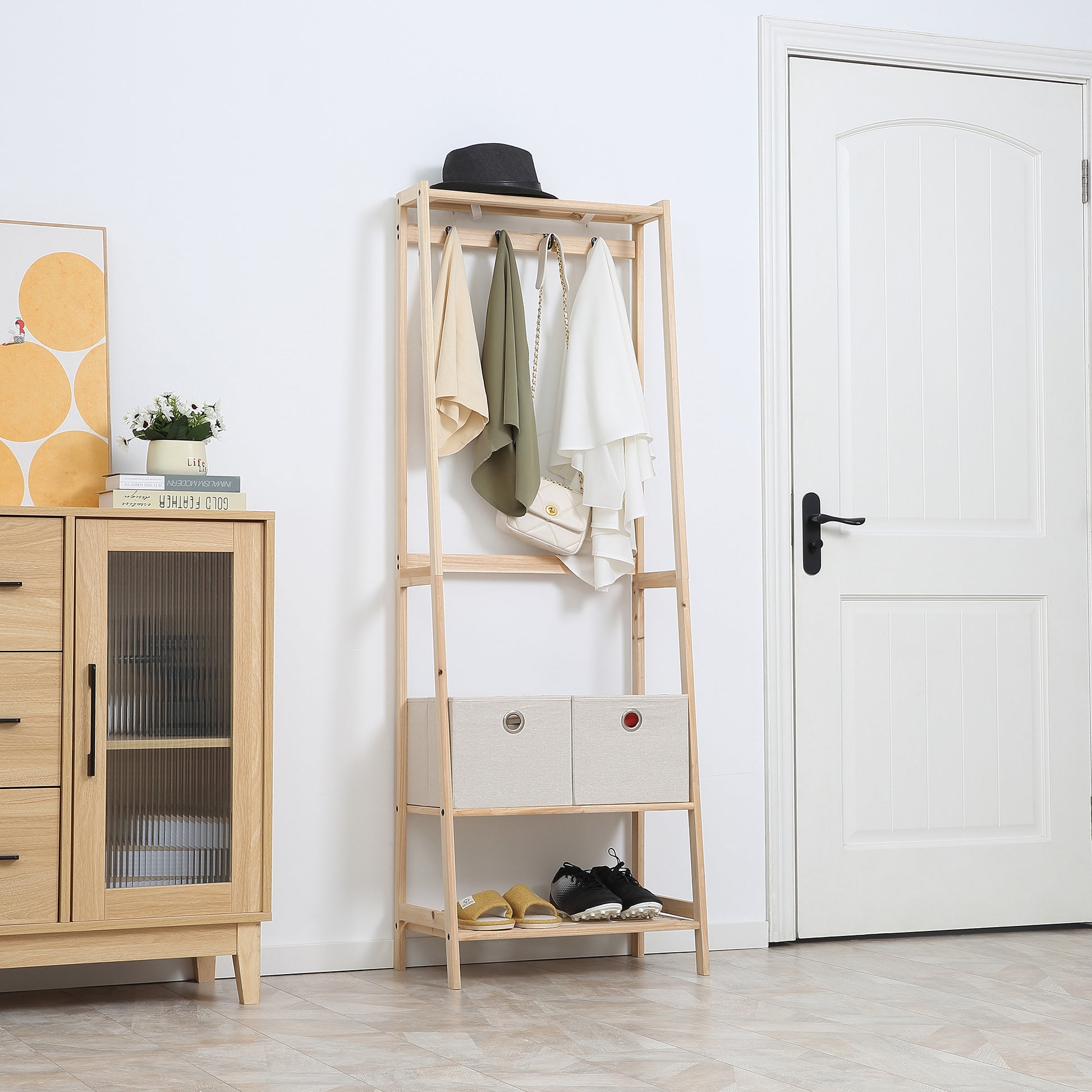 Wooden Coat Rack with Shoe Rack, 2 Shelves Standing Coat Rack with 2 Fabric Drawers, 4 Hooks, and Hanging Bar for Clothes Bags for Entryway Living Room 58x36x168 cm Natural