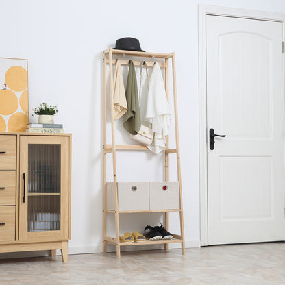 Wooden Coat Rack with Shoe Rack, 2 Shelves Standing Coat Rack with 2 Fabric Drawers, 4 Hooks, and Hanging Bar for Clothes Bags for Entryway Living Room 58x36x168 cm Natural