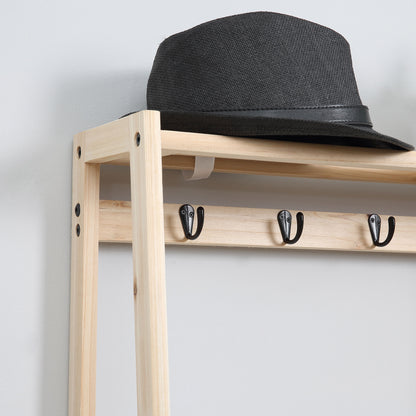 Wooden Coat Rack with Shoe Rack, 2 Shelves Standing Coat Rack with 2 Fabric Drawers, 4 Hooks, and Hanging Bar for Clothes Bags for Entryway Living Room 58x36x168 cm Natural