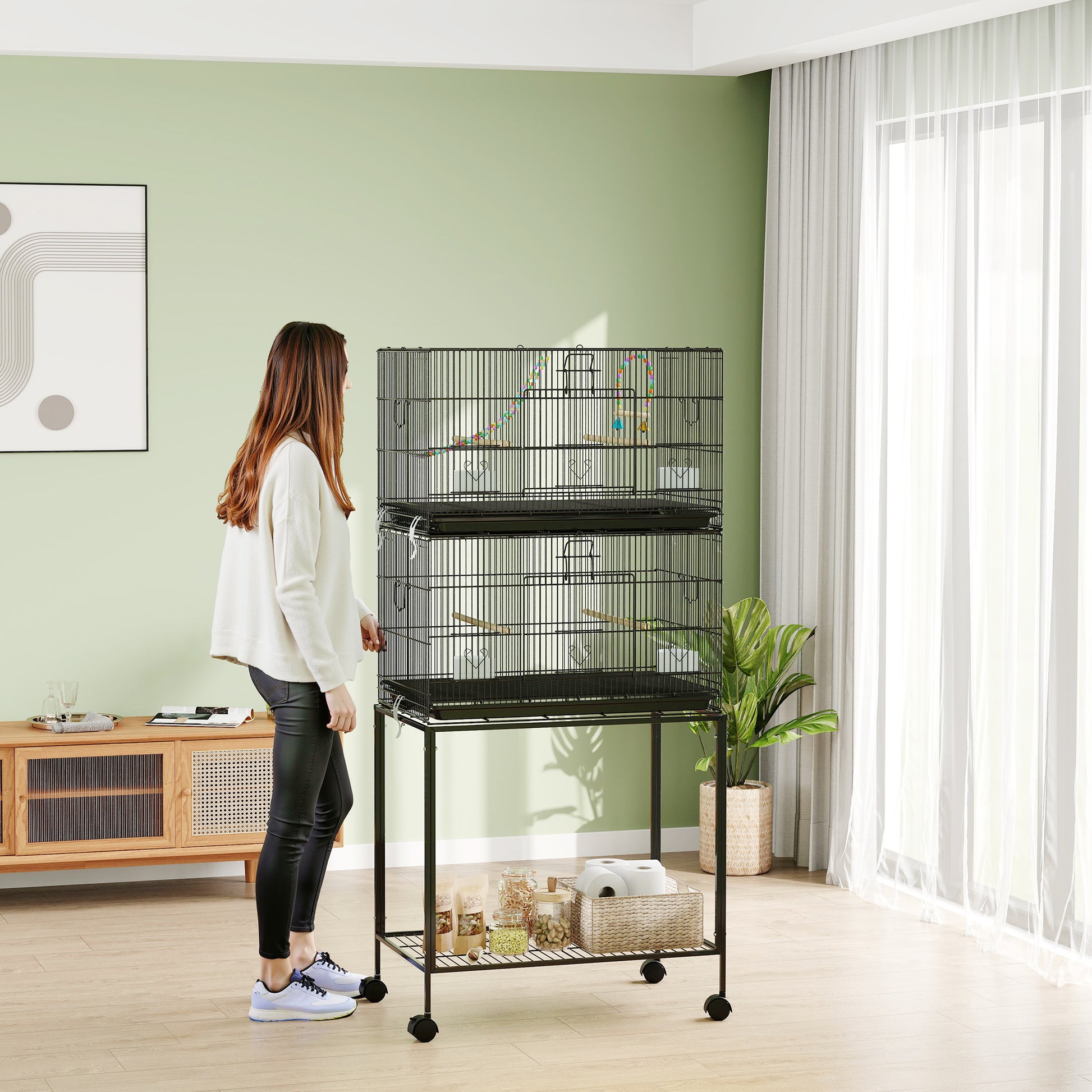 Bird Cage 77x46x164 cm Metal Cage for Birds with Removable Tray Wooden Perches Feeders for Parakeets Canaries Black