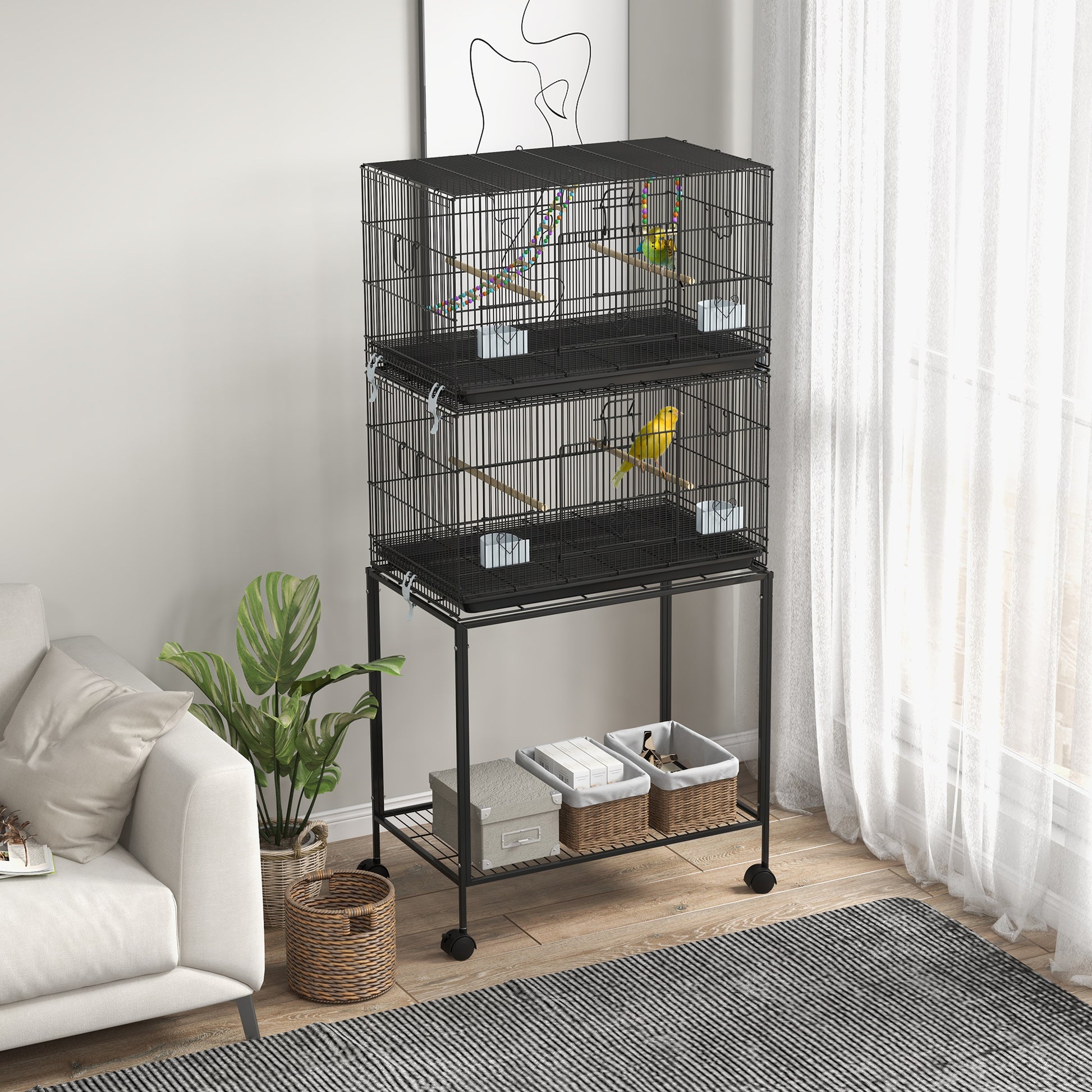 Bird Cage 77x46x164 cm Metal Cage for Birds with Removable Tray Wooden Perches Feeders for Parakeets Canaries Black