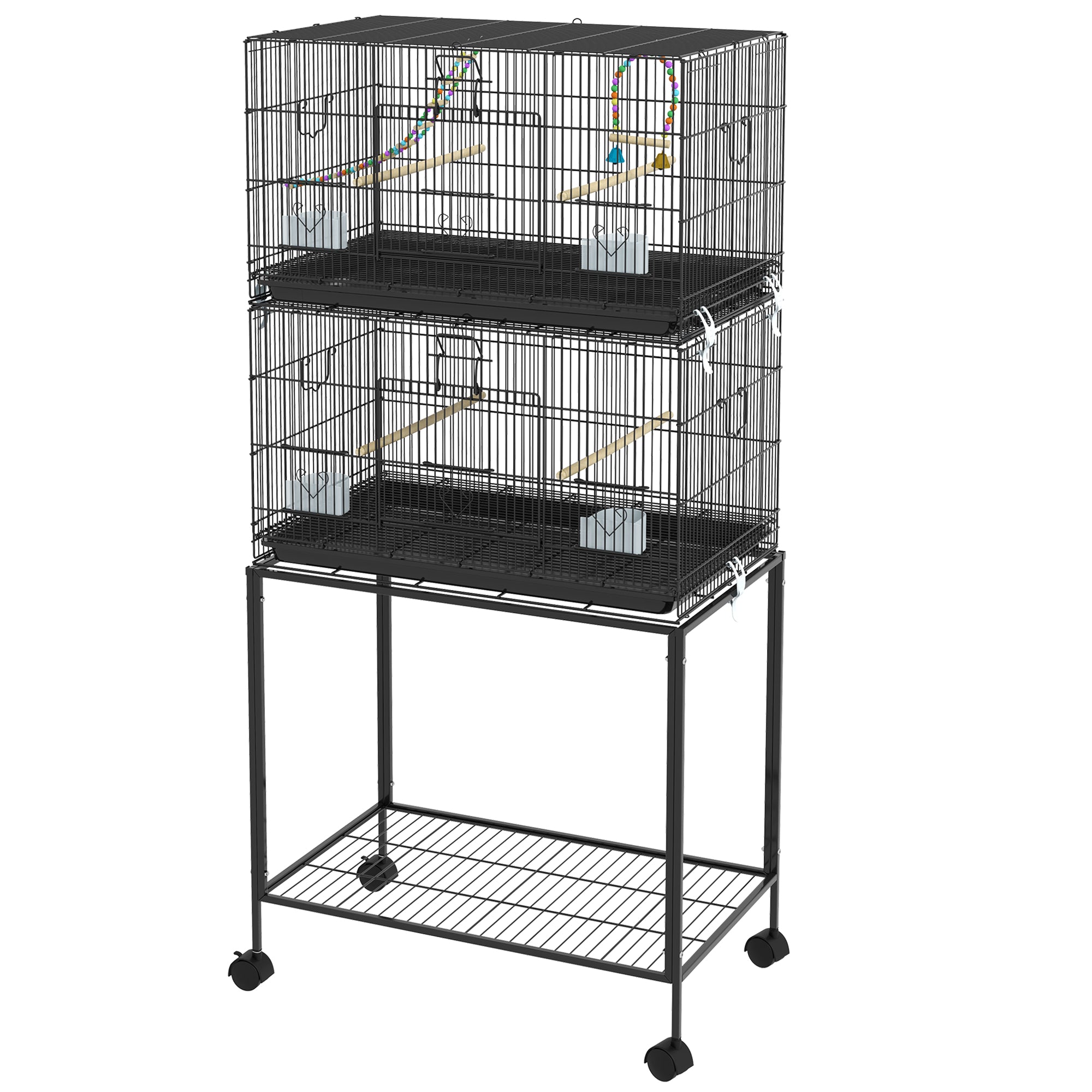 Bird Cage 77x46x164 cm Metal Cage for Birds with Removable Tray Wooden Perches Feeders for Parakeets Canaries Black